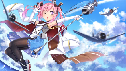 HD PC desktop wallpaper featuring Saratoga from Azur Lane in anime style, soaring through a bright blue sky with aircraft flying nearby.