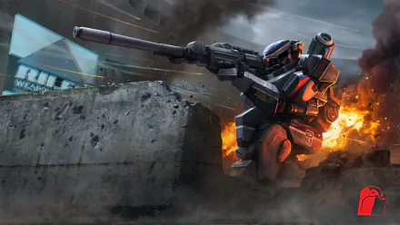 HD PC desktop wallpaper: futuristic sci-fi battle scene with a heavily armed robot firing a large energy cannon amid explosions and rubble.