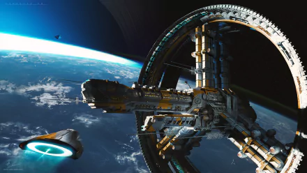 HD Sci-Fi wallpaper featuring a spaceship approaching a massive, cylindrical space station orbiting above Earth. The image showcases the vastness and technology of space exploration.