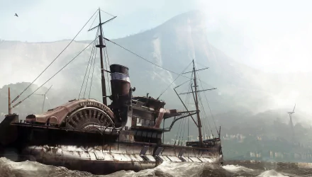 HD desktop wallpaper of Dishonored 2 featuring a detailed ship in turbulent waters with misty mountains in the background.