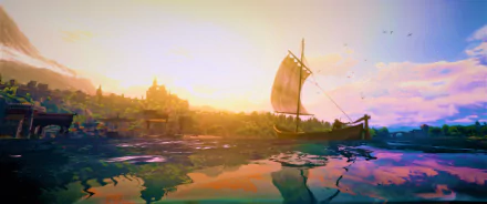 HD fantasy desktop wallpaper from The Witcher 3: Wild Hunt - Blood and Wine, featuring a sailboat on reflective water with a glowing sunset and distant cityscape.