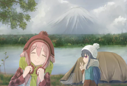 HD desktop wallpaper of Nadeshiko Kagamihara and Rin Shima from the anime Laid-Back Camp, featuring a serene outdoor scene with a tent, a lake, and a mountain in the background.