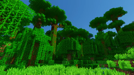 Lush Minecraft jungle scene with dense trees and vibrant greenery, rendered in 4K Ultra HD for a detailed PC desktop wallpaper.
