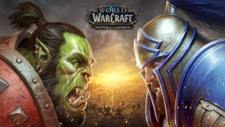 HD desktop wallpaper featuring a fierce orc and armored human warrior facing off in World of Warcraft: Battle for Azeroth.
