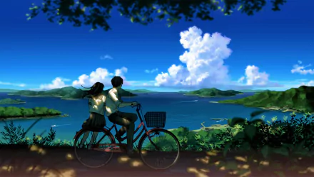 Anime couple on a bicycle, viewing a picturesque mountain and lake scenery under a bright blue sky with fluffy clouds. This HD wallpaper showcases a serene and inviting landscape.