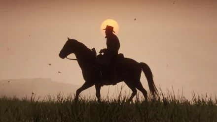 HD wallpaper of a silhouetted horse and rider against a setting sun in the video game Red Dead Redemption 2.