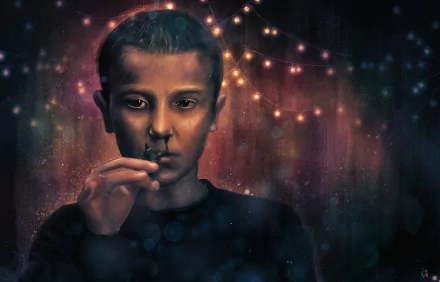 HD desktop wallpaper featuring Eleven from Stranger Things, portrayed by Millie Bobby Brown, with a dark, atmospheric background and glowing string lights.