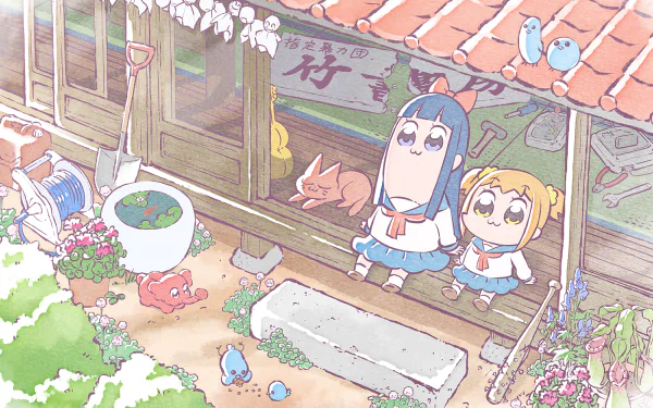 HD desktop wallpaper featuring Popuko and Pipimi from Pop Team Epic sitting outside a traditional Japanese house, surrounded by cute animals and a serene garden setting.