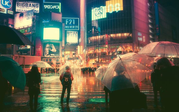 Man Made City Cities Japan Night Neon Billboards People Umbrella HD Wallpaper | Background Image