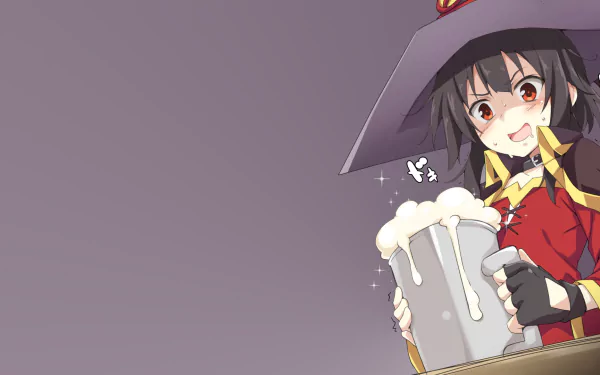 HD wallpaper featuring Megumin from Kono Subarashii Sekai ni Shukufuku wo! (KonoSuba) holding a frothy drink, set against a simple, solid background.