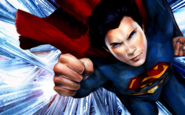 HD PC desktop wallpaper featuring Superman from the DC Comics TV show Smallville in dynamic flying pose with iconic red cape and emblem.