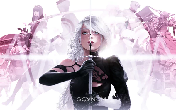 A striking HD wallpaper featuring YoRHa Type A No.2 and YoRHa No.2 Type B from the video game NieR: Automata, showcasing dynamic art and an engaging composition.