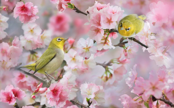 Two white-eye birds perched on a branch full of pink blossoms, capturing the essence of spring in this HD desktop wallpaper.