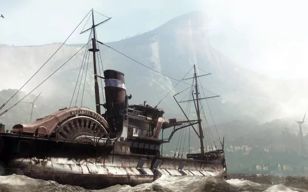 HD desktop wallpaper of Dishonored 2 featuring a detailed ship in turbulent waters with misty mountains in the background.