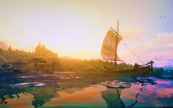 HD fantasy desktop wallpaper from The Witcher 3: Wild Hunt - Blood and Wine, featuring a sailboat on reflective water with a glowing sunset and distant cityscape.