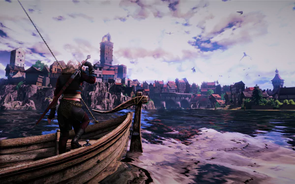 HD fantasy desktop wallpaper from The Witcher 3: Wild Hunt - Blood and Wine, depicting a character fishing in a boat with a medieval cityscape in the background.