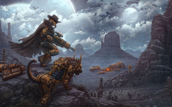 A steampunk robot cowboy bounty hunter stands on a rocky cliff under the moonlit night sky, with mechanical animals and futuristic elements in the background. HD desktop wallpaper and background.