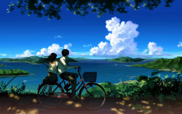 Anime couple on a bicycle, viewing a picturesque mountain and lake scenery under a bright blue sky with fluffy clouds. This HD wallpaper showcases a serene and inviting landscape.