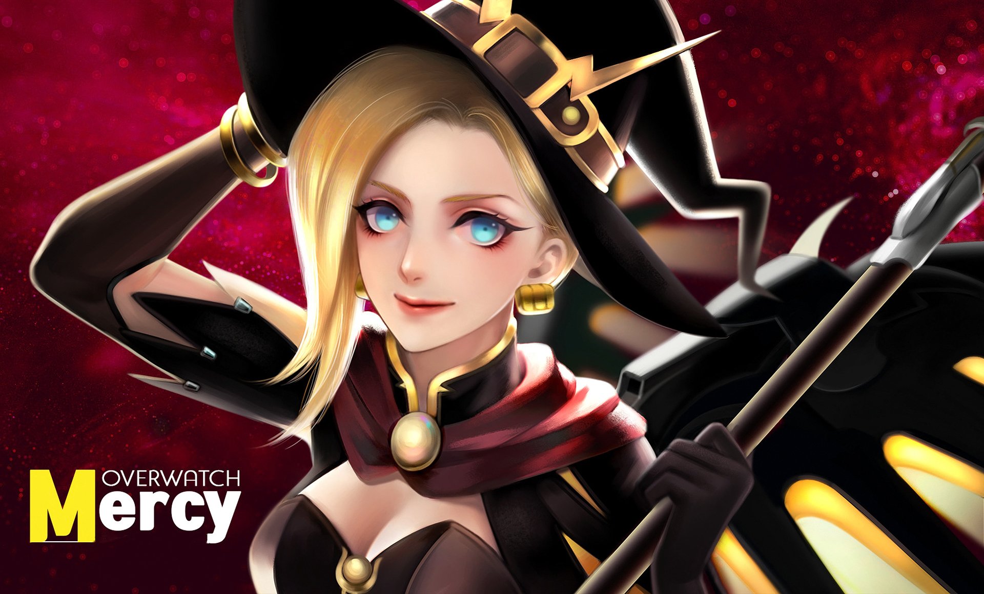 HD PC desktop wallpaper featuring Mercy from the video game Overwatch, depicted in a detailed, vibrant style with a dark red cosmic background.