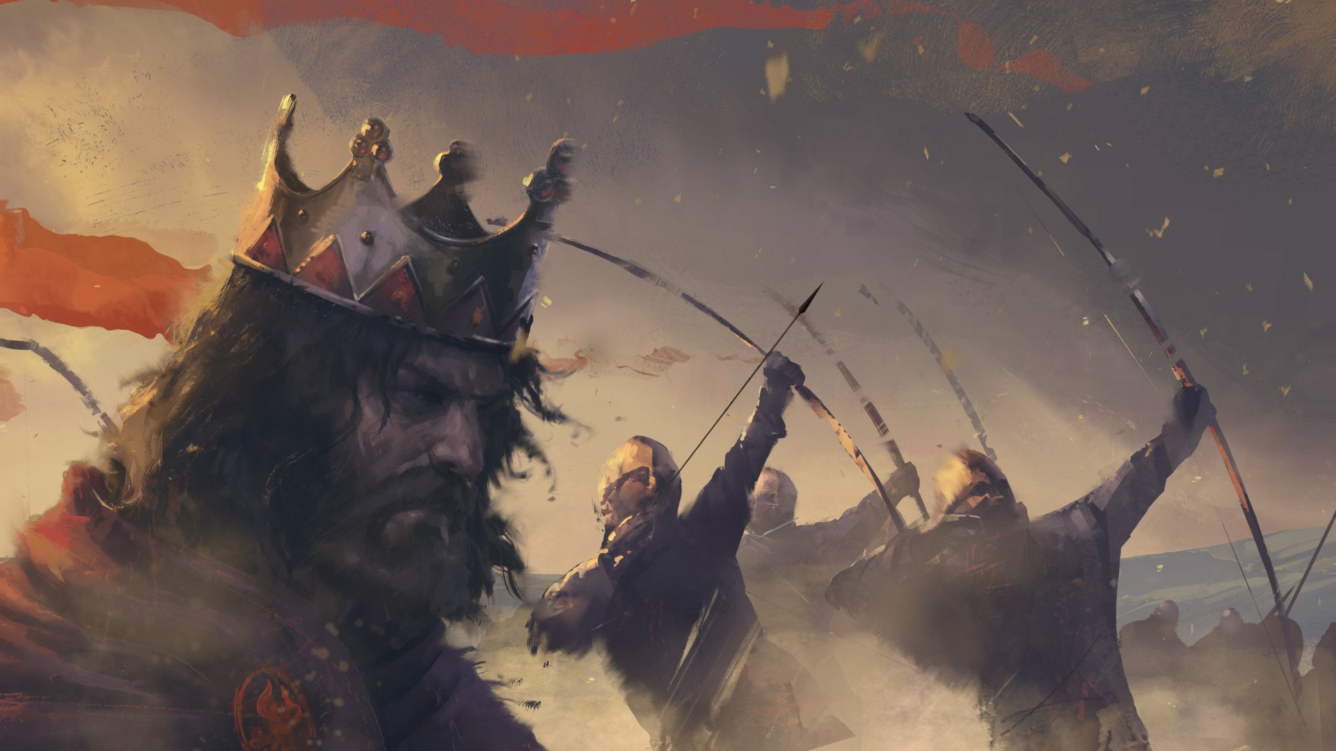 HD PC desktop wallpaper for the video game Total War Saga: Thrones of Britannia — a crowned king watches archers fire across a misty battlefield.