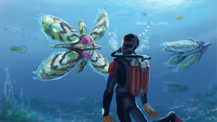 HD PC desktop wallpaper from the video game Subnautica, depicting a diver underwater facing a large, colorful aquatic creature with translucent wings.
