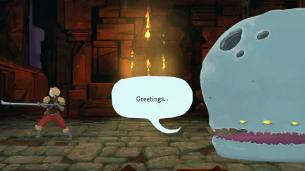 HD desktop wallpaper of a Slay the Spire scene featuring a character approaching a giant whale with the text Greetings.