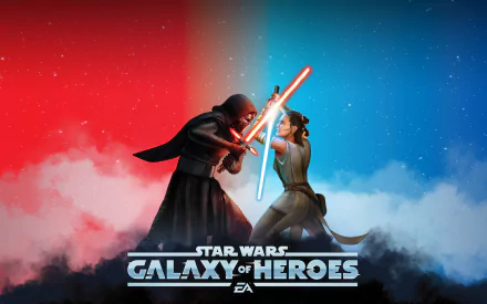 HD PC desktop wallpaper featuring Rey and Kylo Ren from Star Wars, depicted in a dramatic lightsaber duel for the video game Star Wars: Galaxy of Heroes.