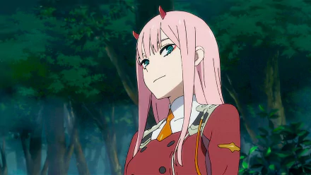 Anime character Zero Two from 'Darling in the FranXX' with pink hair and horns, wearing a military uniform, stands in a forest setting. HD desktop wallpaper and background.