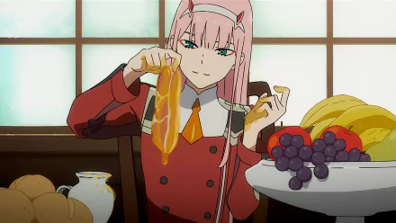 Zero Two from Darling in the FranXX, with pink hair and horns, enjoys a meal with green eyes focused. The table has a banana, apple, grapes, bread, and pitcher seen amid the HD anime-themed desktop wallpaper.