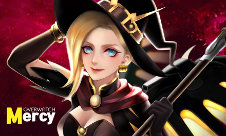 HD PC desktop wallpaper featuring Mercy from the video game Overwatch, depicted in a detailed, vibrant style with a dark red cosmic background.