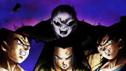 HD desktop wallpaper featuring Goku, Jiren, Android 17, and Vegeta from Dragon Ball Super in an anime-style illustration. The intense expressions reflect a tense moment from the series.