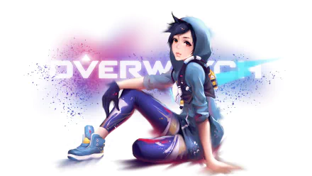 An HD desktop wallpaper featuring Tracer from the video game Overwatch, with a vibrant and colorful background showcasing the character in a casual outfit. The word Overwatch is displayed behind her.