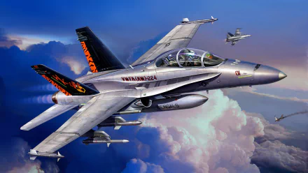 A high-definition desktop wallpaper featuring a McDonnell Douglas F/A-18 Hornet, a military jet fighter, flying above clouds with other jets in the background.