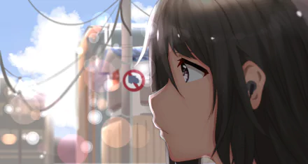 HD anime-style original artwork of a girl with short dark hair looking thoughtfully at a no left turn sign on a sunlit urban street, designed as a PC desktop wallpaper.