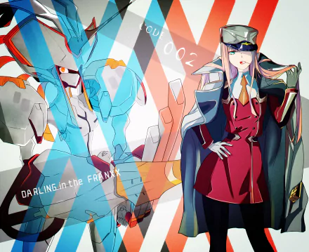 Anime character Zero Two from Darling in the FranXX stands confidently in a uniform and hat, holding a lollipop. Her pink hair flows under her hat. Transforming robot art is featured next to her.