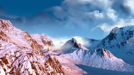 Snow-covered mountains from The Witcher 3: Wild Hunt form a dramatic, high-definition PC desktop wallpaper with vibrant sky and detailed rugged terrain.