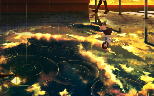 Anime-inspired HD desktop wallpaper featuring a reflection of the sky and sun in a rain puddle, creating a serene and artistic scene with clouds and a walking figure.