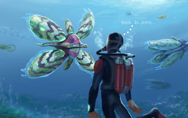 HD PC desktop wallpaper from the video game Subnautica, depicting a diver underwater facing a large, colorful aquatic creature with translucent wings.