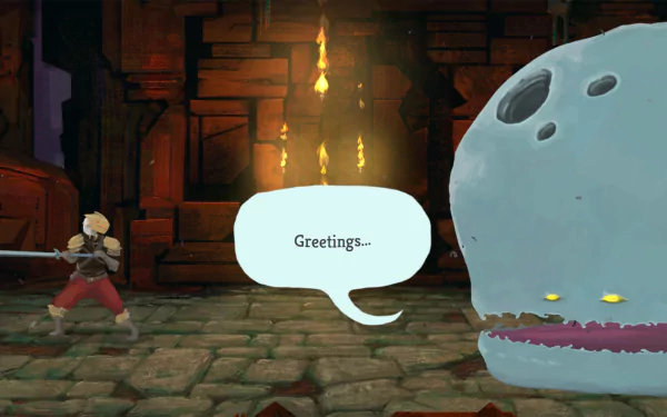 HD desktop wallpaper of a Slay the Spire scene featuring a character approaching a giant whale with the text Greetings.