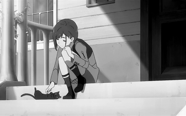 A black and white HD desktop wallpaper featuring Ichigo from the anime Darling in the FranXX sitting on steps, gently petting a cat.