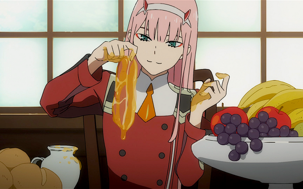 Anime Darling in the FranXX Bread Grapes Apple Banana Pink Hair Green Eyes Horns Zero Two HD Wallpaper | Background Image