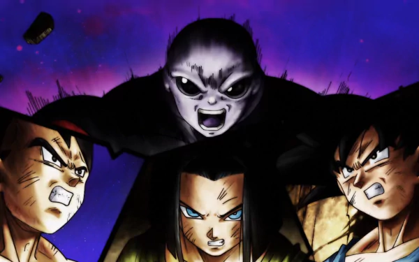 HD desktop wallpaper featuring Goku, Jiren, Android 17, and Vegeta from Dragon Ball Super in an anime-style illustration. The intense expressions reflect a tense moment from the series.