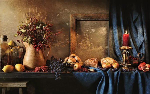A still life arrangement features grapes, bread, a flickering candle, and flowers in a vase, all set against a textured backdrop, creating an artistic and inviting atmosphere.
