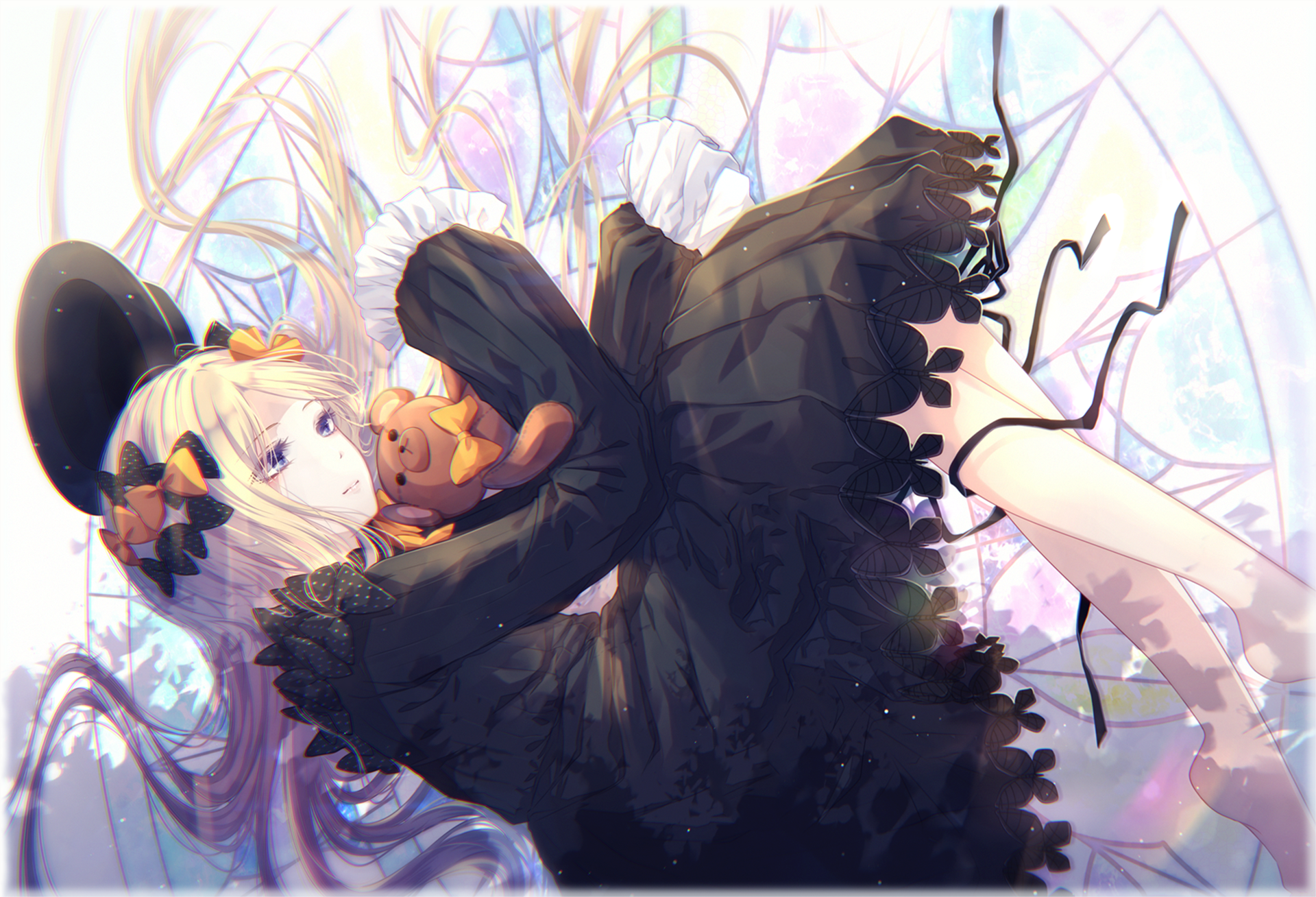 HD PC desktop wallpaper featuring Abigail Williams from Fate/Grand Order in an elegant black dress with a soft, ethereal anime style background.