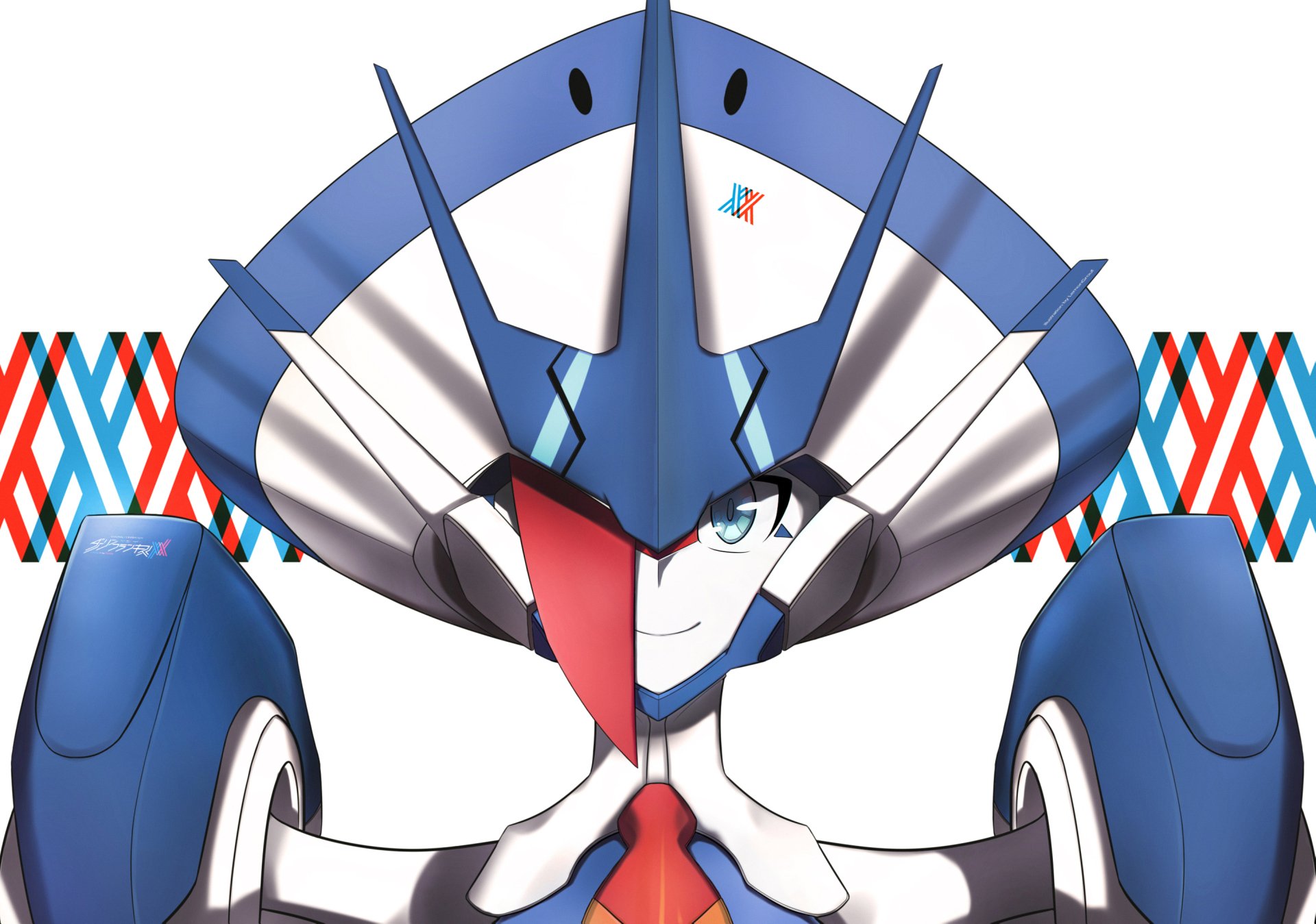 HD desktop wallpaper featuring a smiling robot with blue eyes from Darling in the FranXX anime. The robot is highlighted with a colorful geometric background.