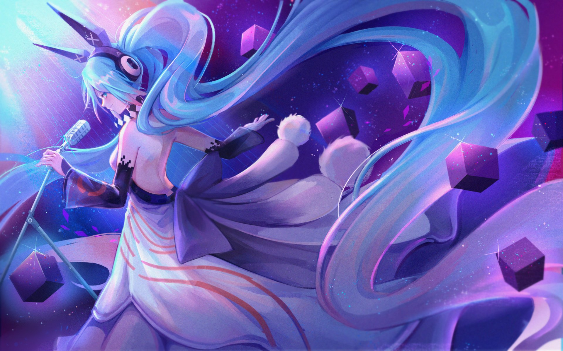HD PC desktop wallpaper featuring Hatsune Miku from Vocaloid, depicted with flowing blue hair and a futuristic, glowing purple background.