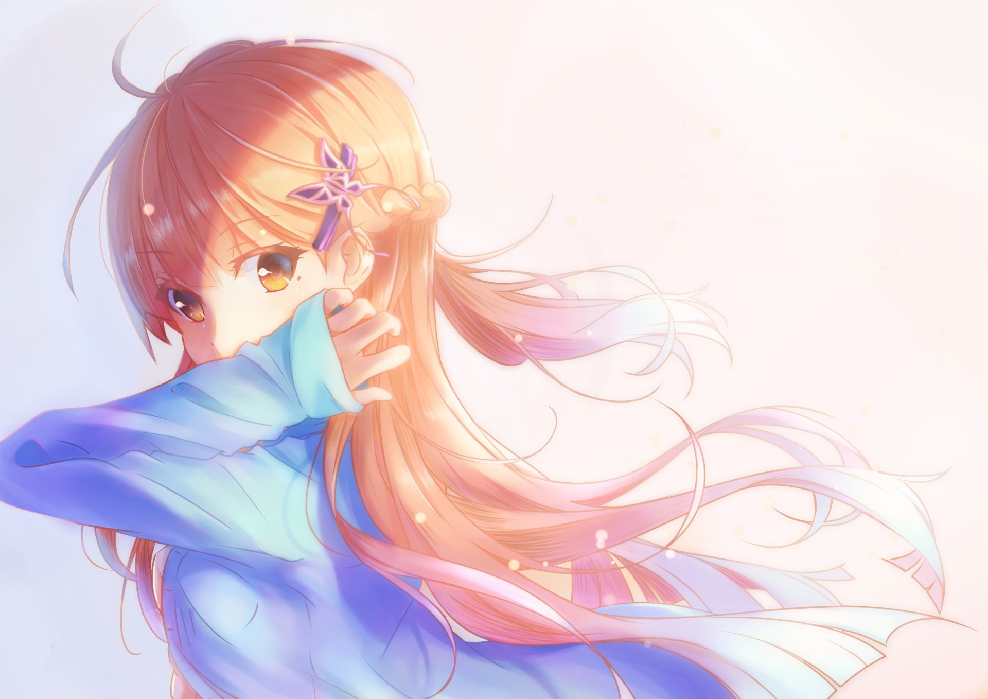 HD desktop wallpaper featuring an original anime character with flowing red hair, dressed in blue, against a light background.