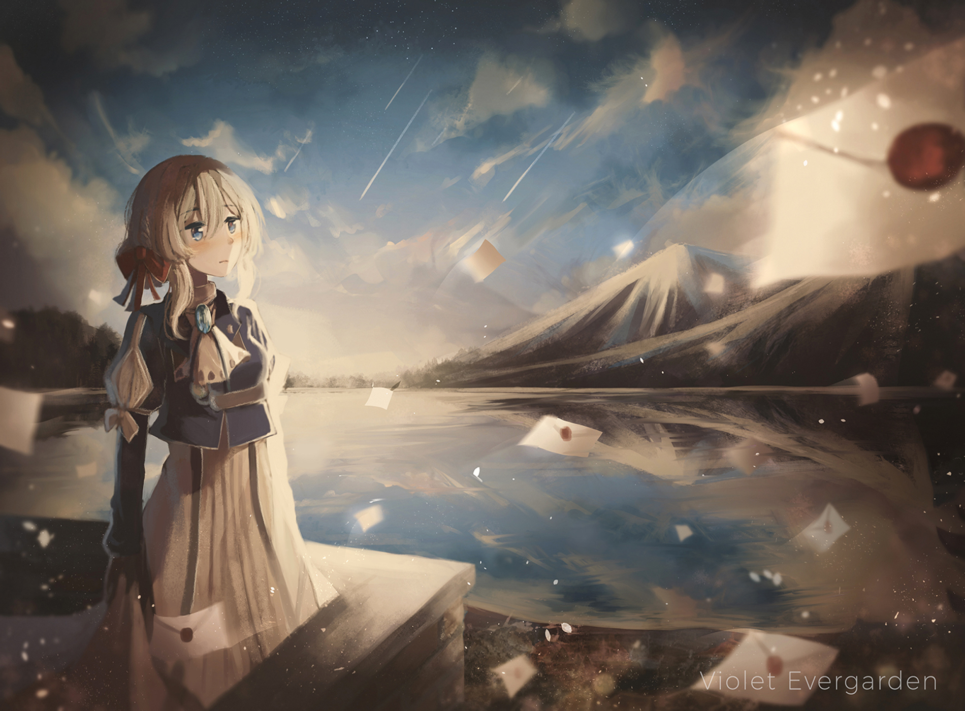 Anime wallpaper featuring Violet Evergarden with blonde hair and blue eyes, holding a letter by a serene mountain lake under a cloudy sky.