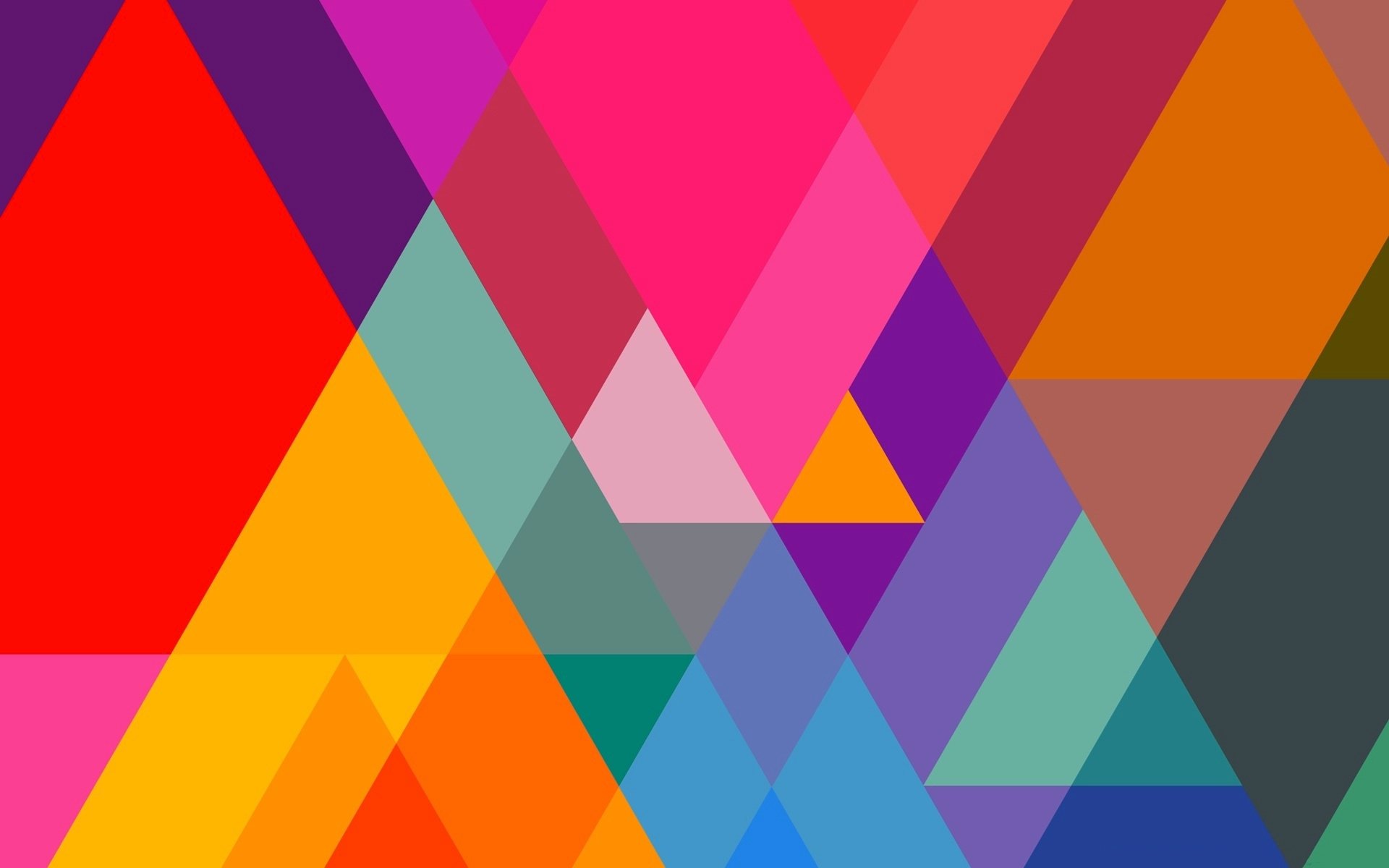 Vibrant HD desktop wallpaper featuring an abstract geometric design of overlapping colorful triangles in bold reds, pinks, blues, oranges, and purples.