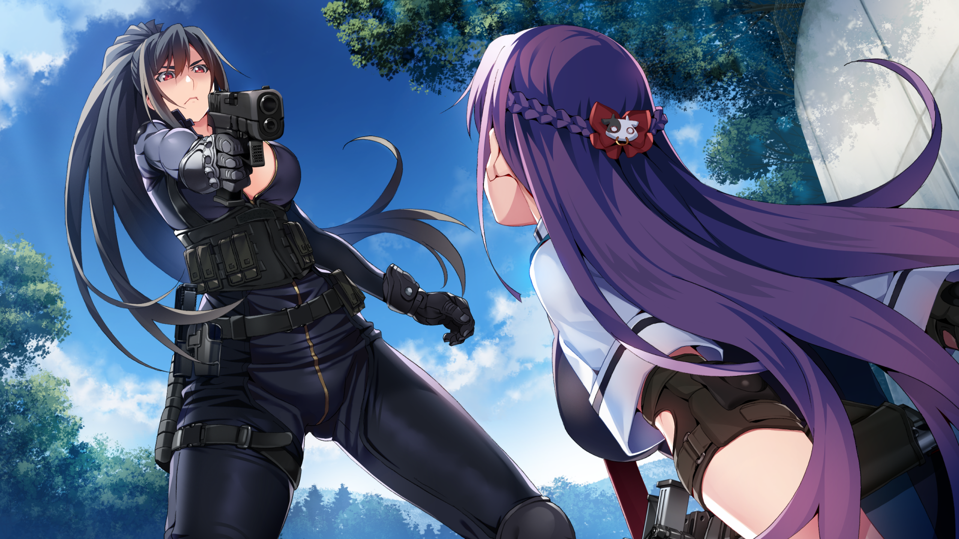 HD PC desktop wallpaper from the anime Grisaia: Phantom Trigger, featuring a tense standoff between two female characters under a bright blue sky.